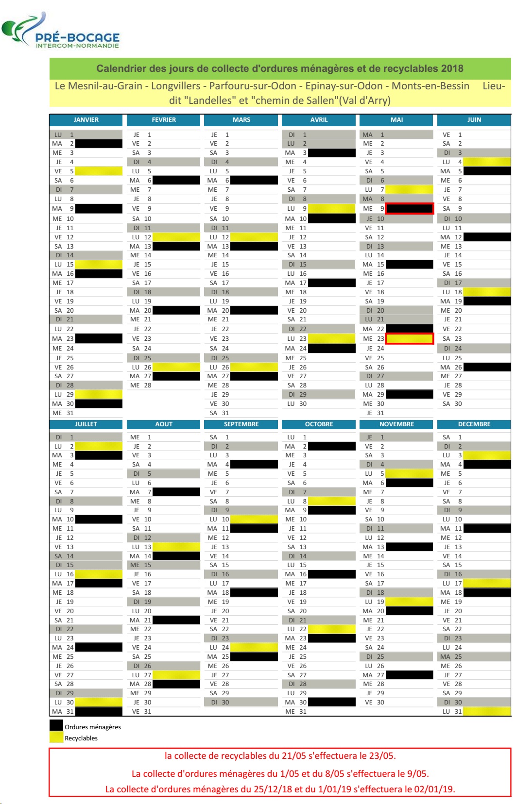 2018 calendrier collecte pour les landelles et chemin de sallen