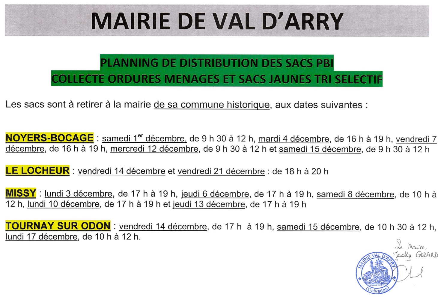 Planning distribution sacs poubelles et sacs jaunes val d arry 2018