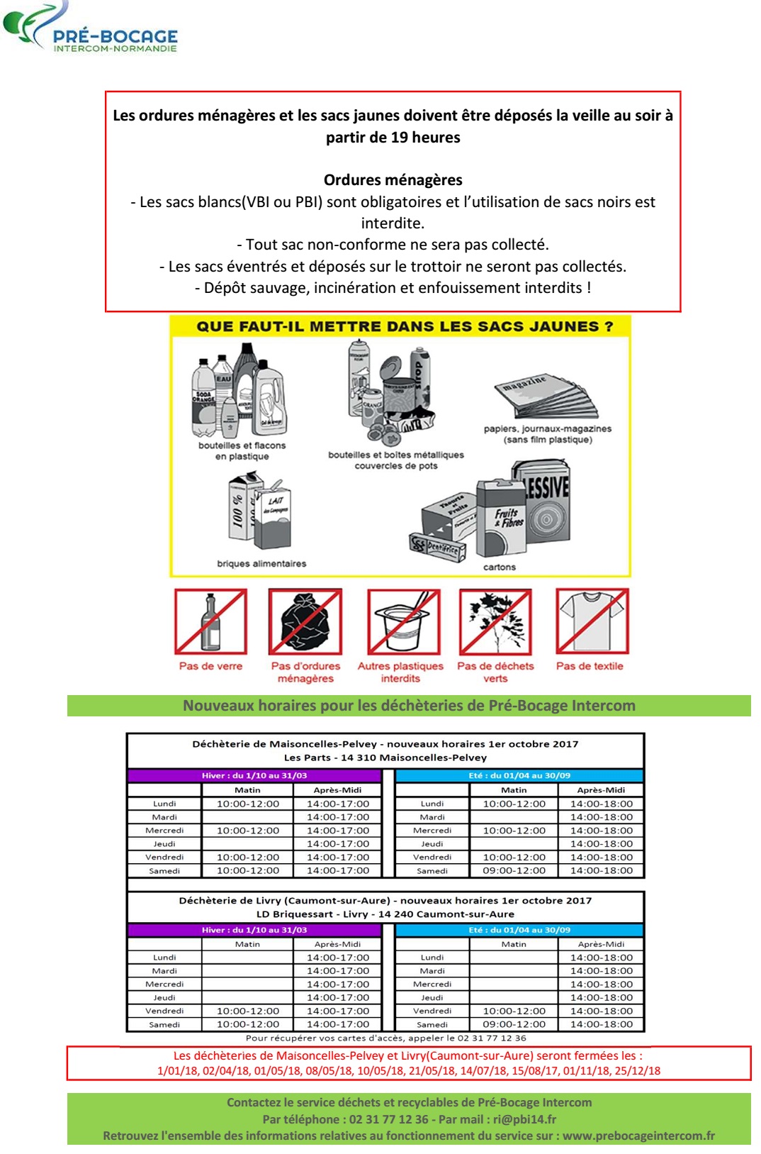 2018 regles collectes et horaires decheteries