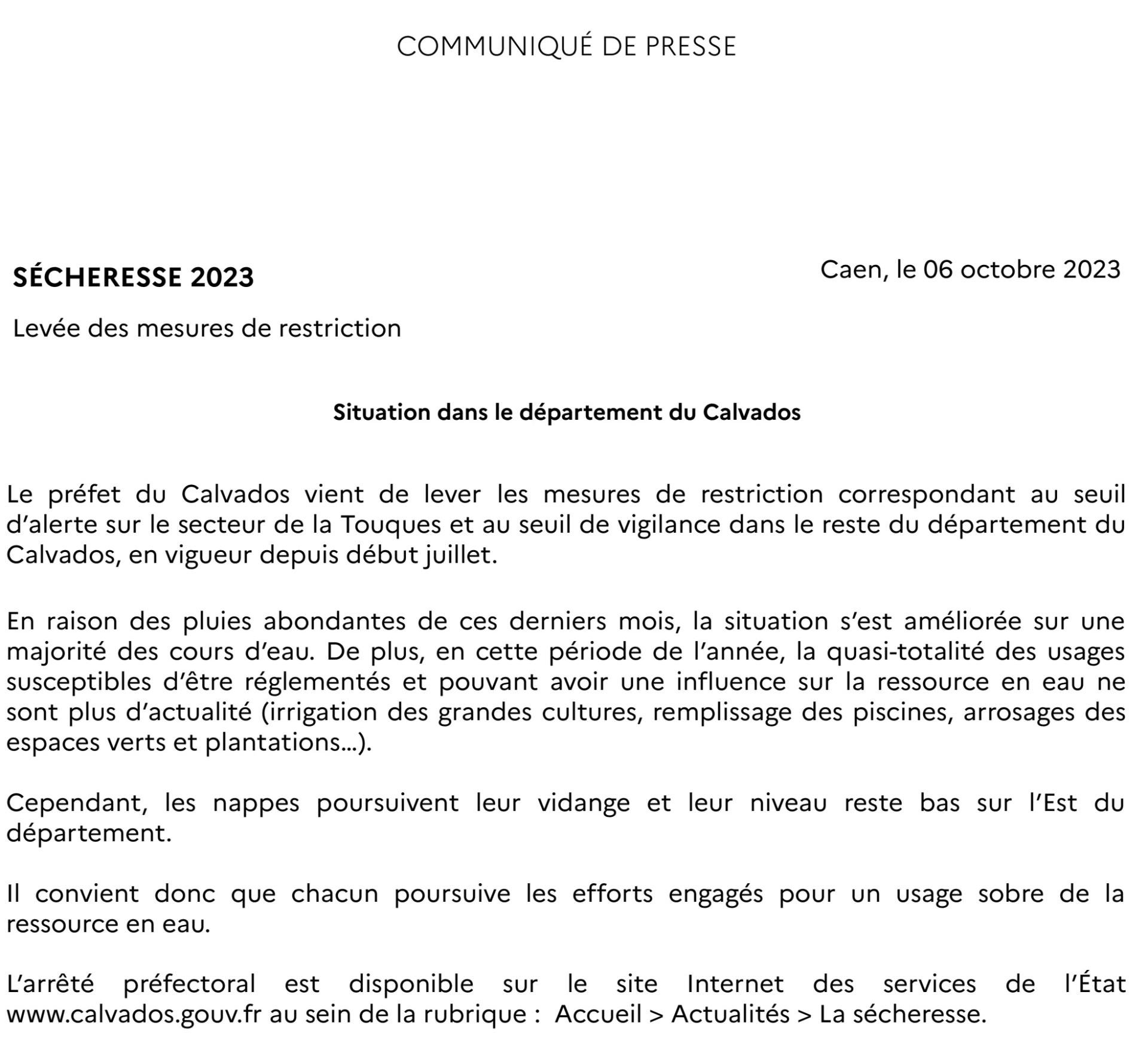 Ap de fin de limitation des usages de l eau a partir du 10 octobre 2023 communique