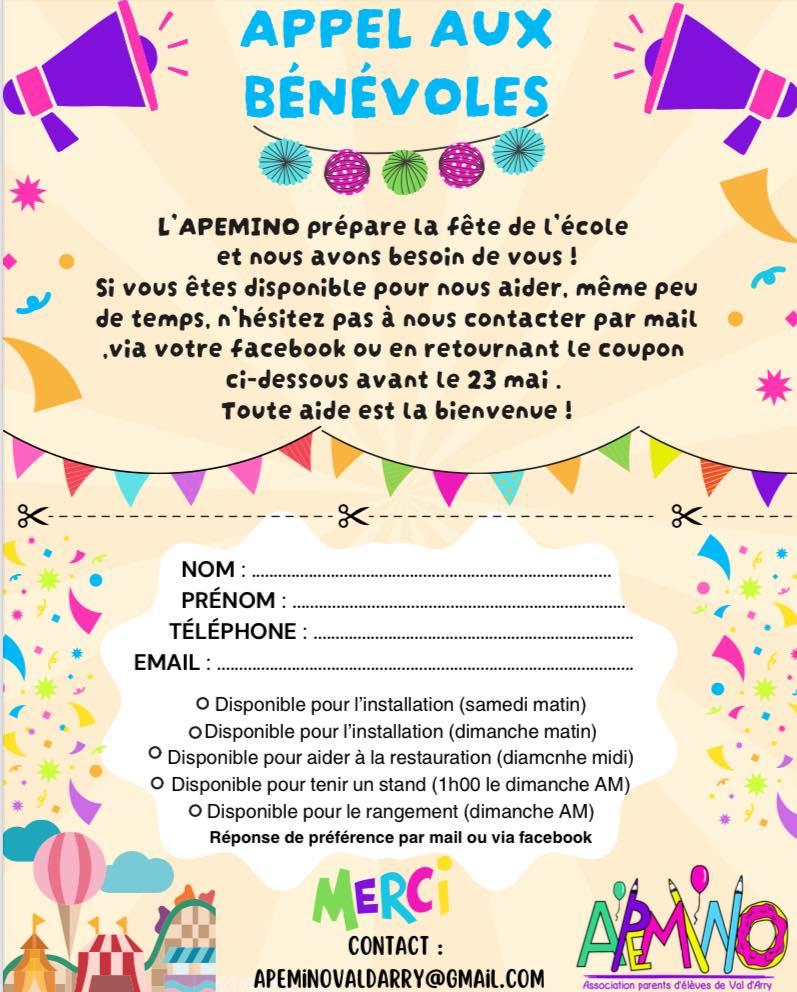 Appel aux bénévoles pour la fête de l'école du 29 juin