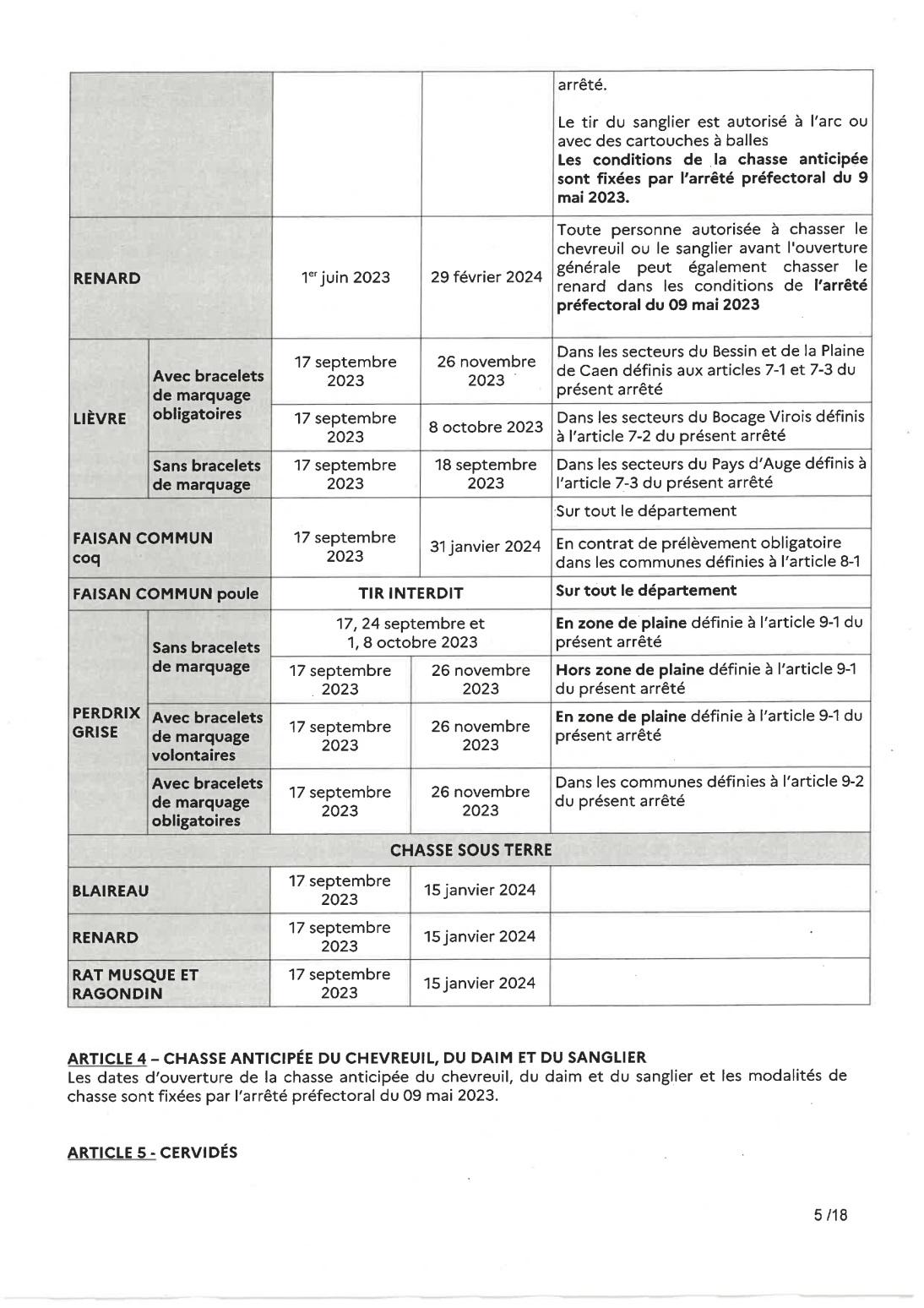 Arrete prefectorale sur la campagne de chasse 2023 2024 p5