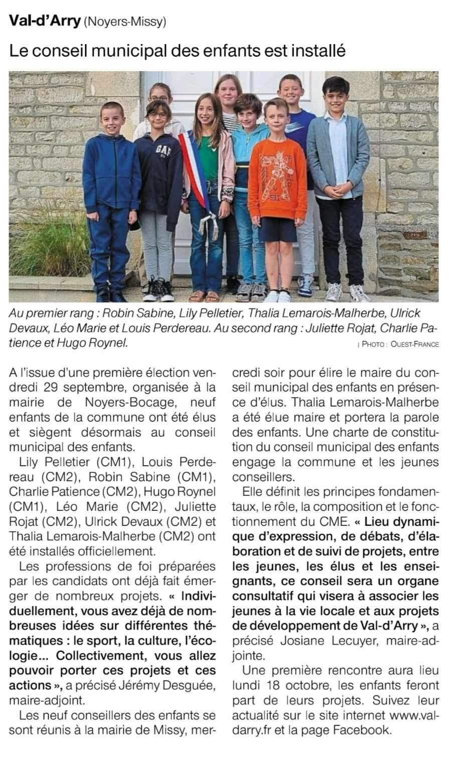 Article ouest france 2023 10 09 conseil des enfanrs