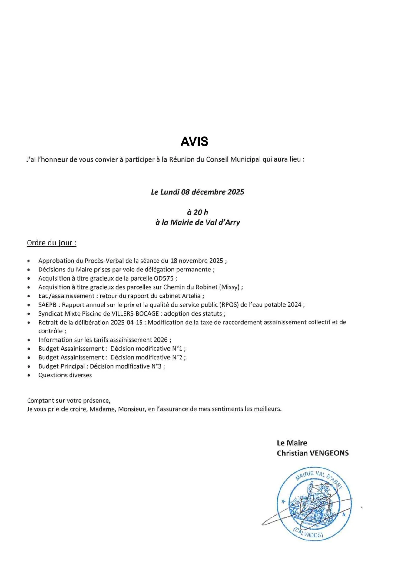 Avis de reunion du cm du 8 decembre