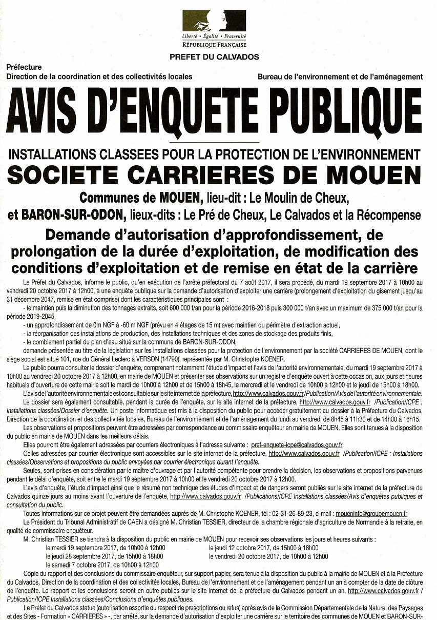 Avis enquete publique 19 septembre 20 octobre carrieres mouen