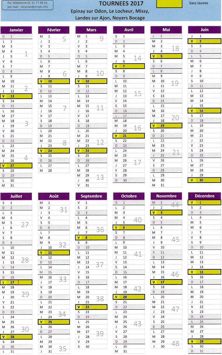 Calendrier ramassage sacs jaunes 2017