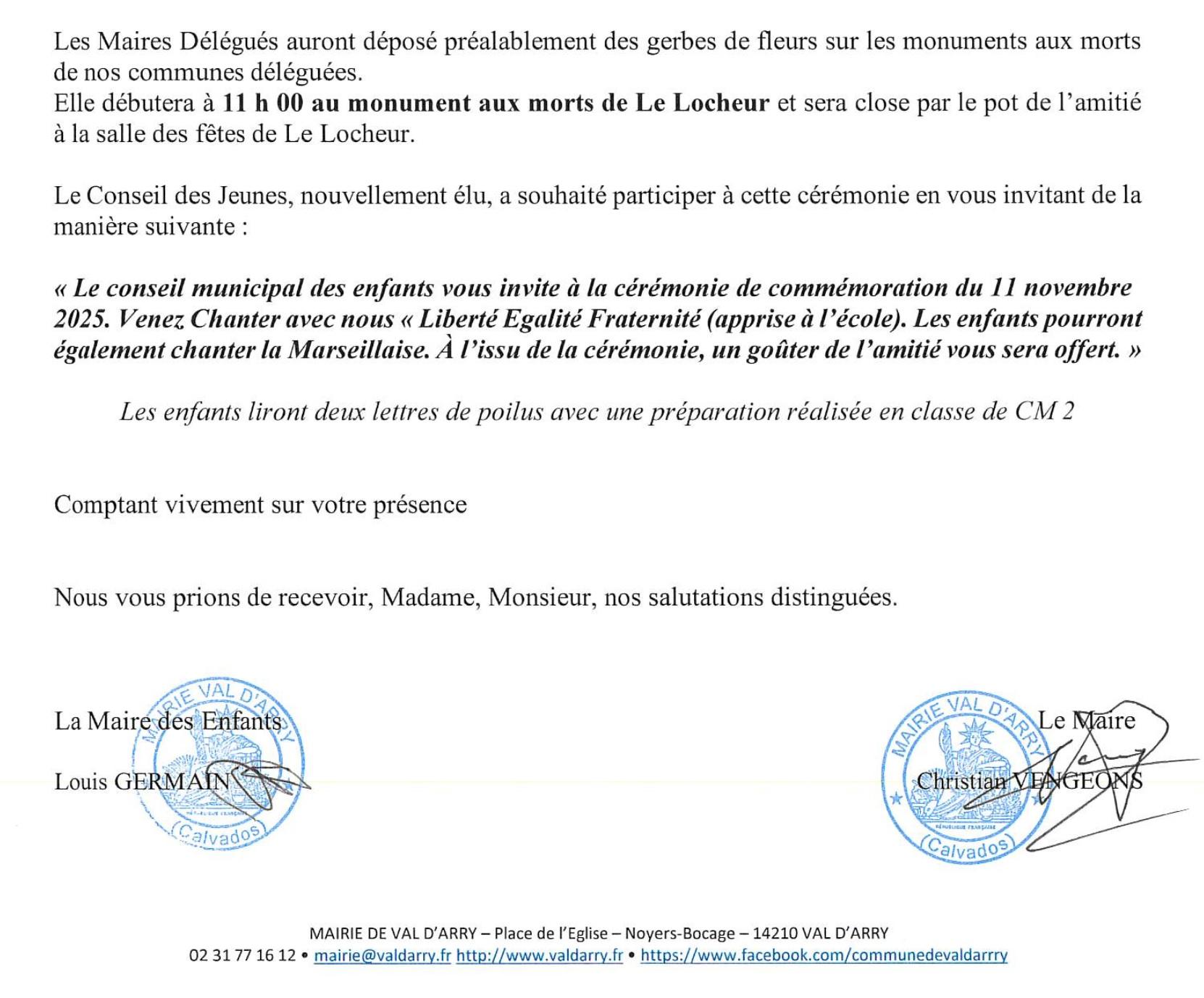 Invitation conseil au commemoration du 11 novembre 2026