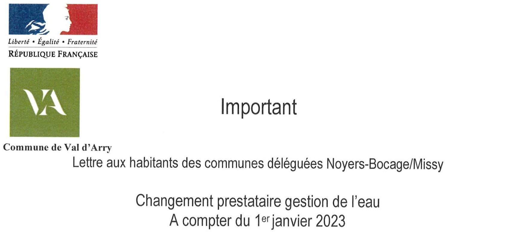 Information changement gestion de l'eau pour Noyers et Missy