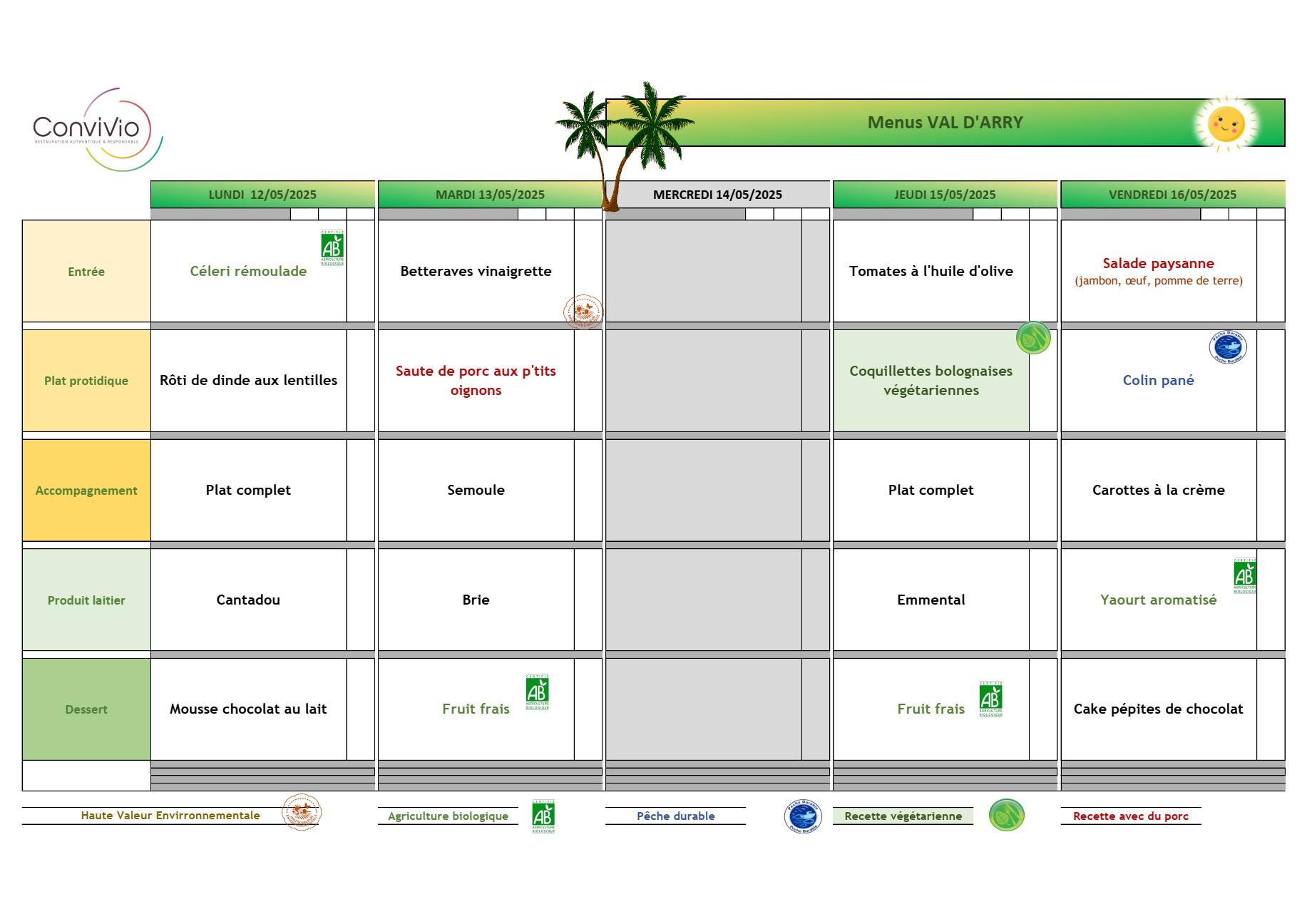 Menu cantine de l ecole de val d arry du 12 au 16 mai 2025