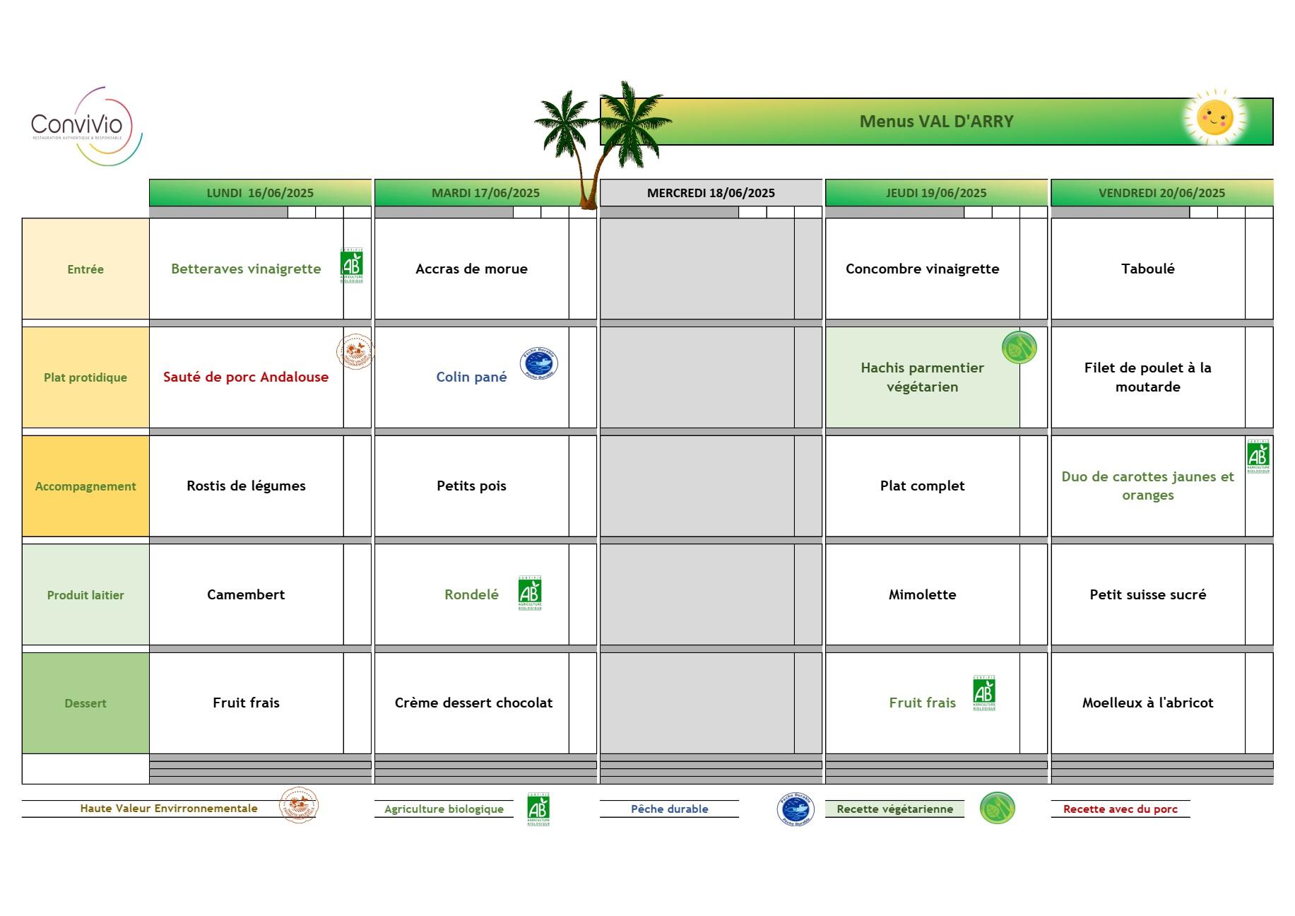 Menu cantine de l ecole de val d arry du 16 au 20 juin 2025