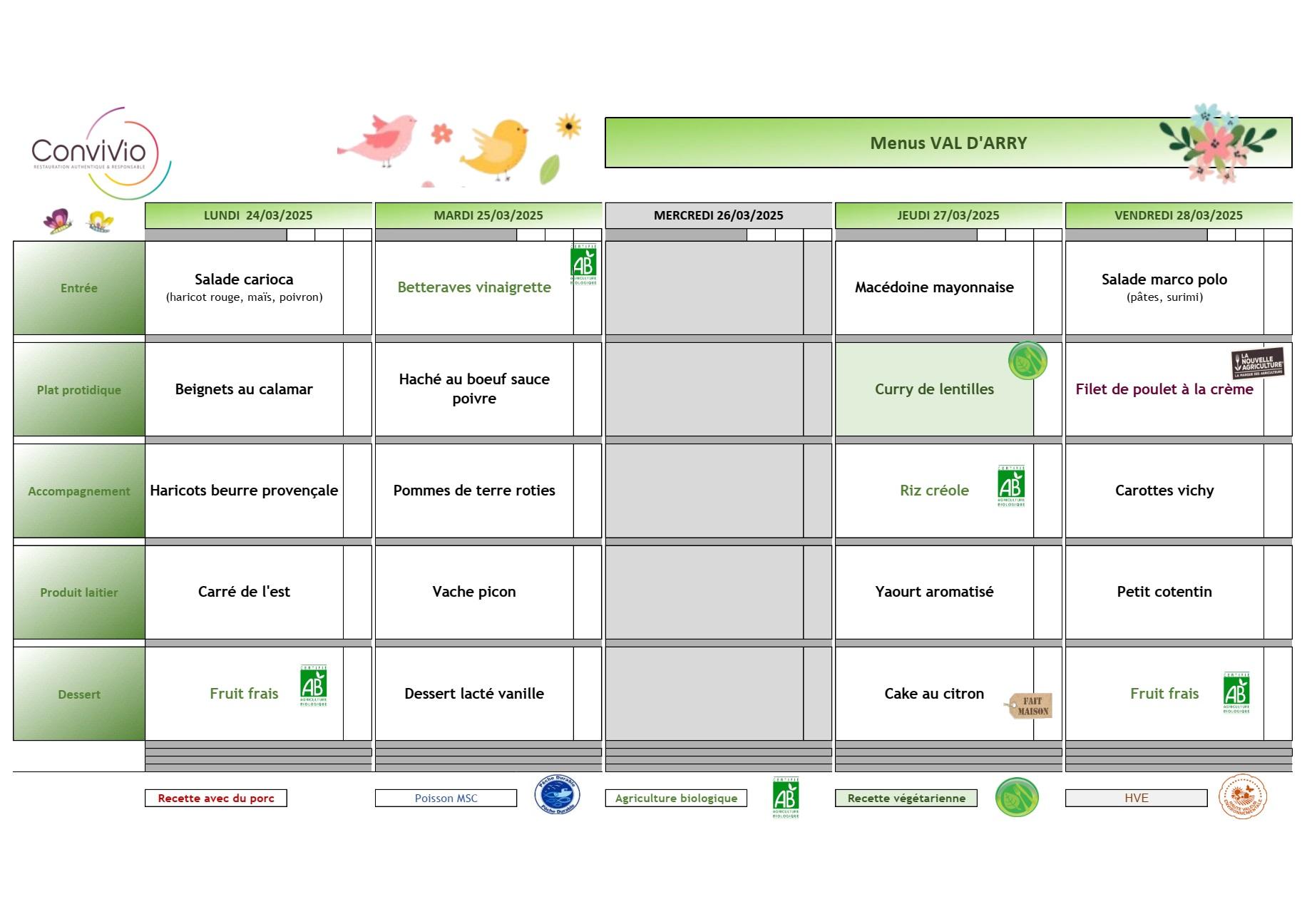 Menu cantine de l ecole de val d arry du 24 au 28 mars 2025