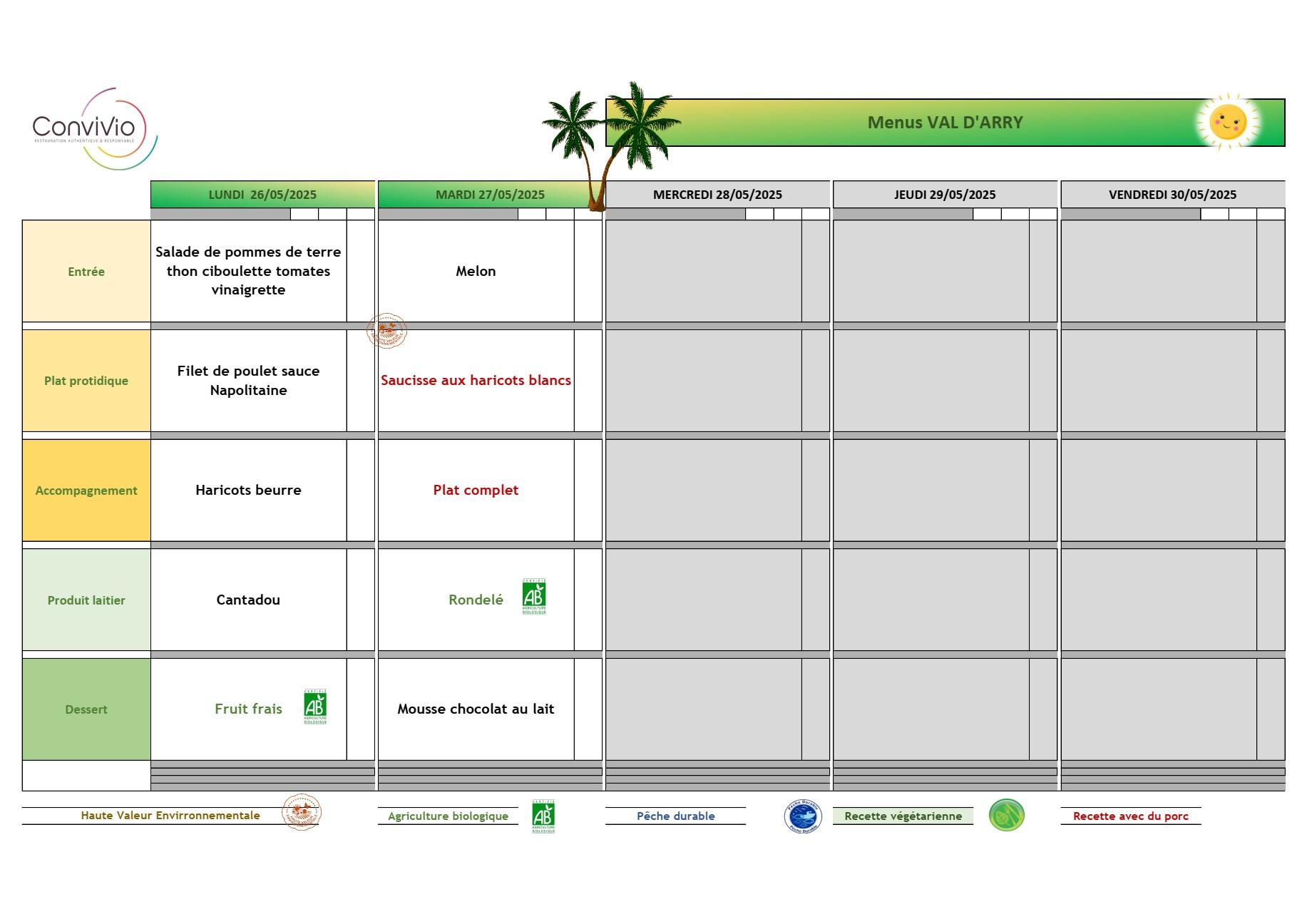 Menu cantine de l ecole de val d arry du 26 au 27 mai 2025