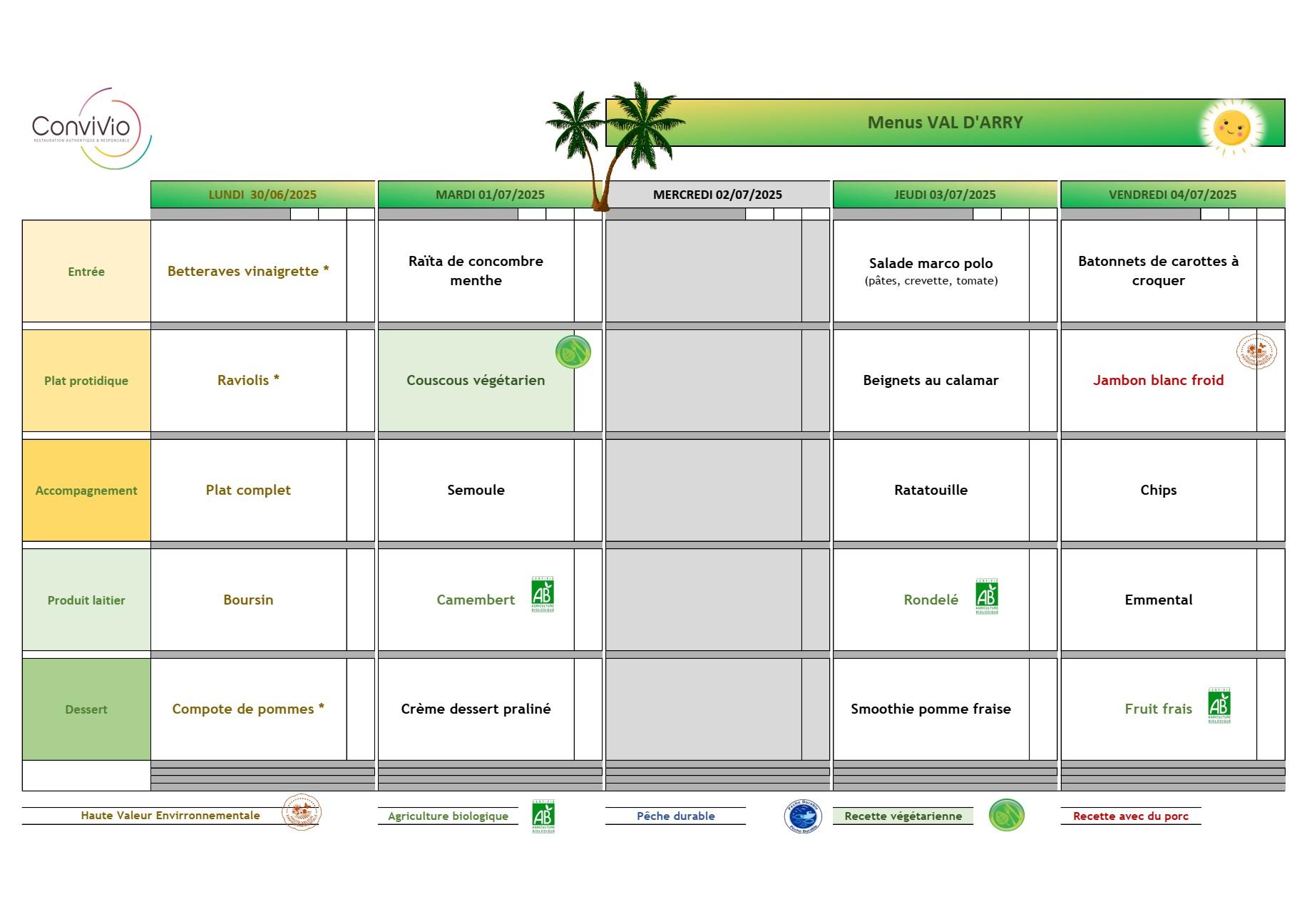 Menu cantine de l ecole de val d arry du 30 juin au 4 juillet 2025
