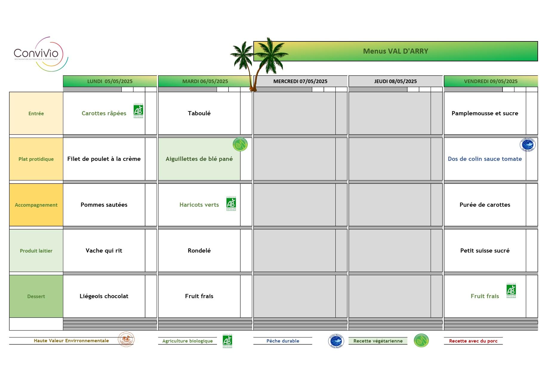 Menu cantine de l ecole de val d arry du 5 au 9 mai 2025