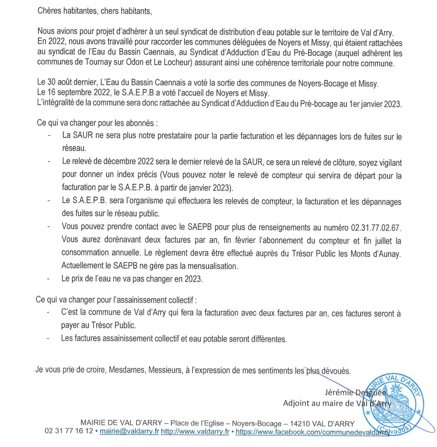 Texte de la lettre aux habitants changement prestataire de gestionde l eau au 1er janvier 2023